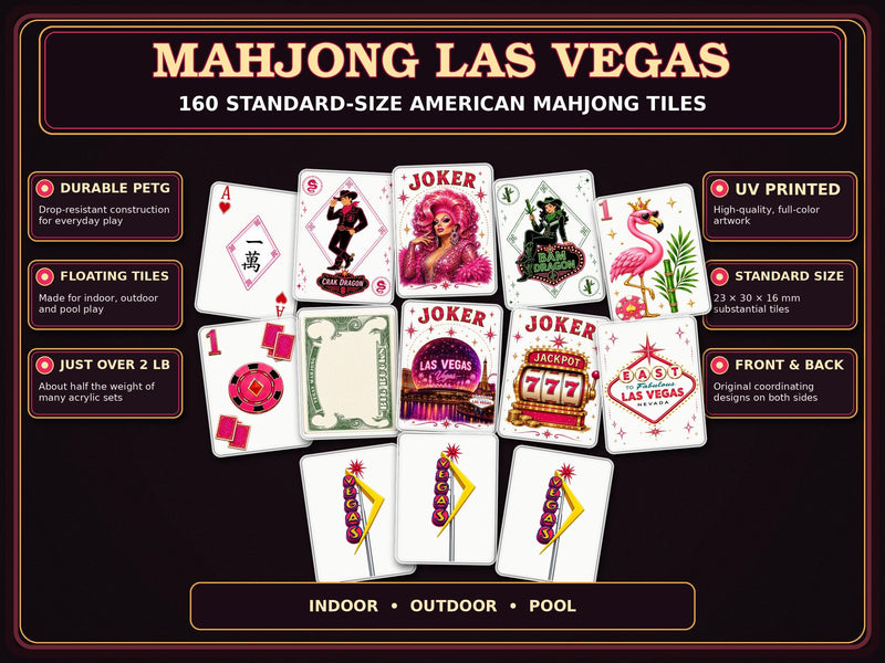 Las Vegas casino-themed American Mahjong set with floating tiles