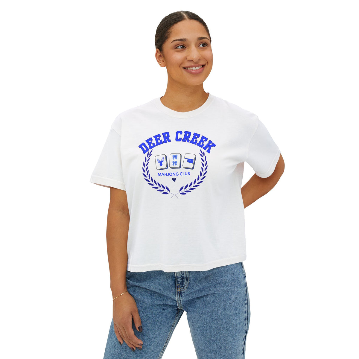 Deer Creek Mahjong Club Boxy Crop T-Shirt — Preppy Blue Mahjong Tee