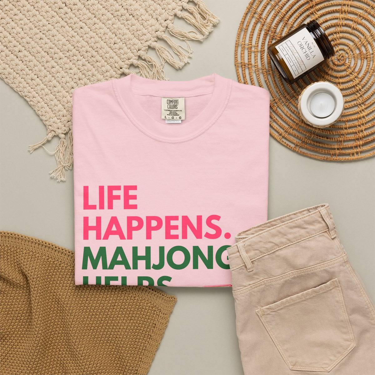 Life Happens, Mahjong Helps T-Shirt — Pink & Green Mahjong Tee