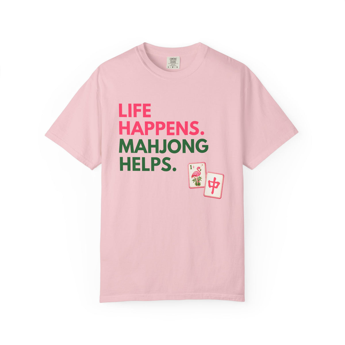 Life Happens, Mahjong Helps T-Shirt — Pink & Green Mahjong Tee