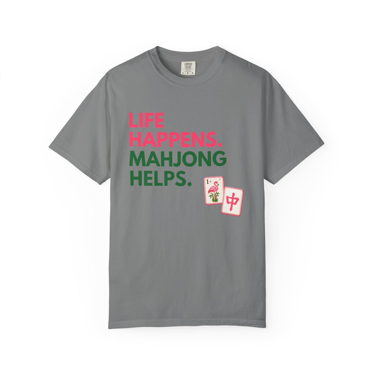 Life Happens, Mahjong Helps T-Shirt — Pink & Green Mahjong Tee