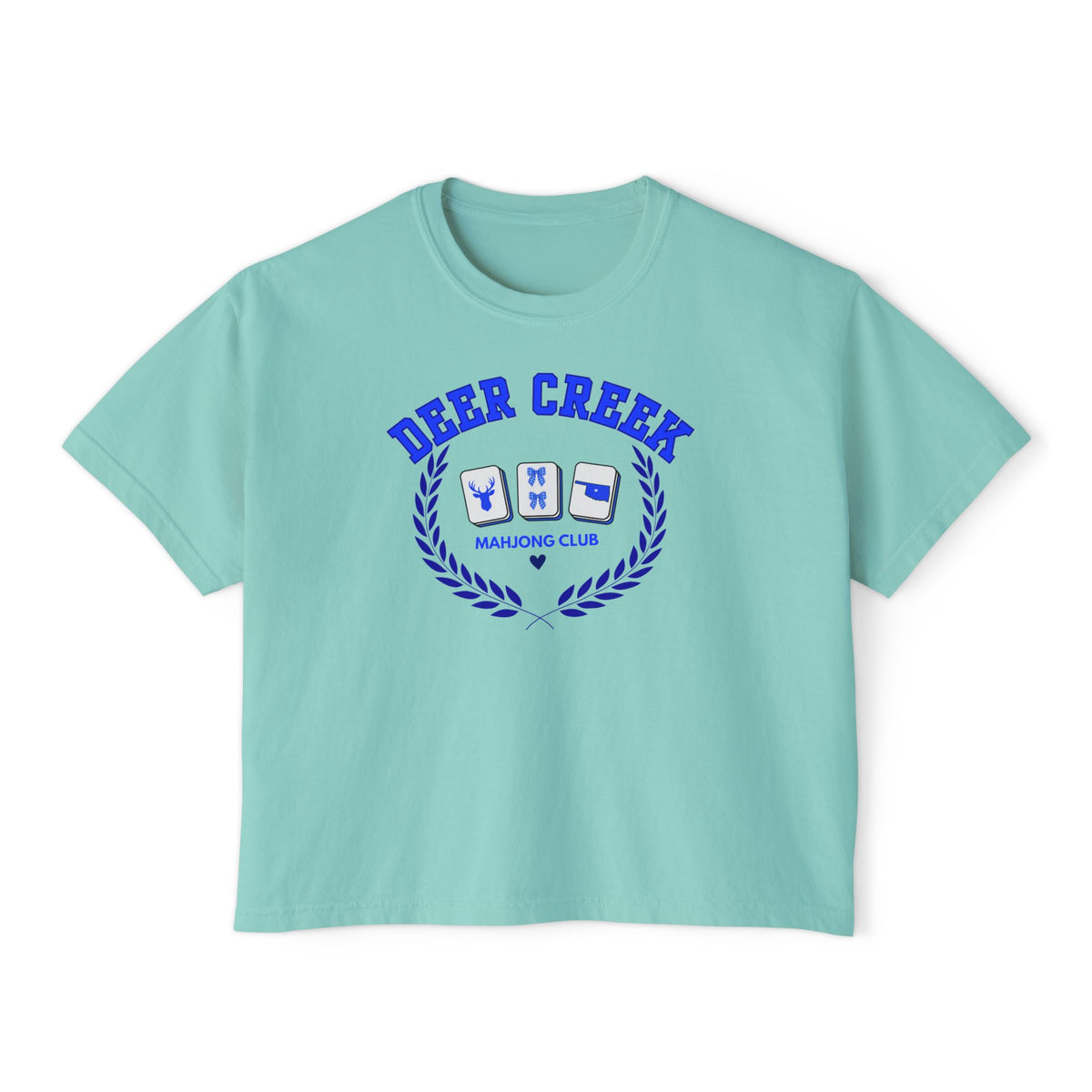 Deer Creek Mahjong Club Boxy Crop T-Shirt — Preppy Blue Mahjong Tee