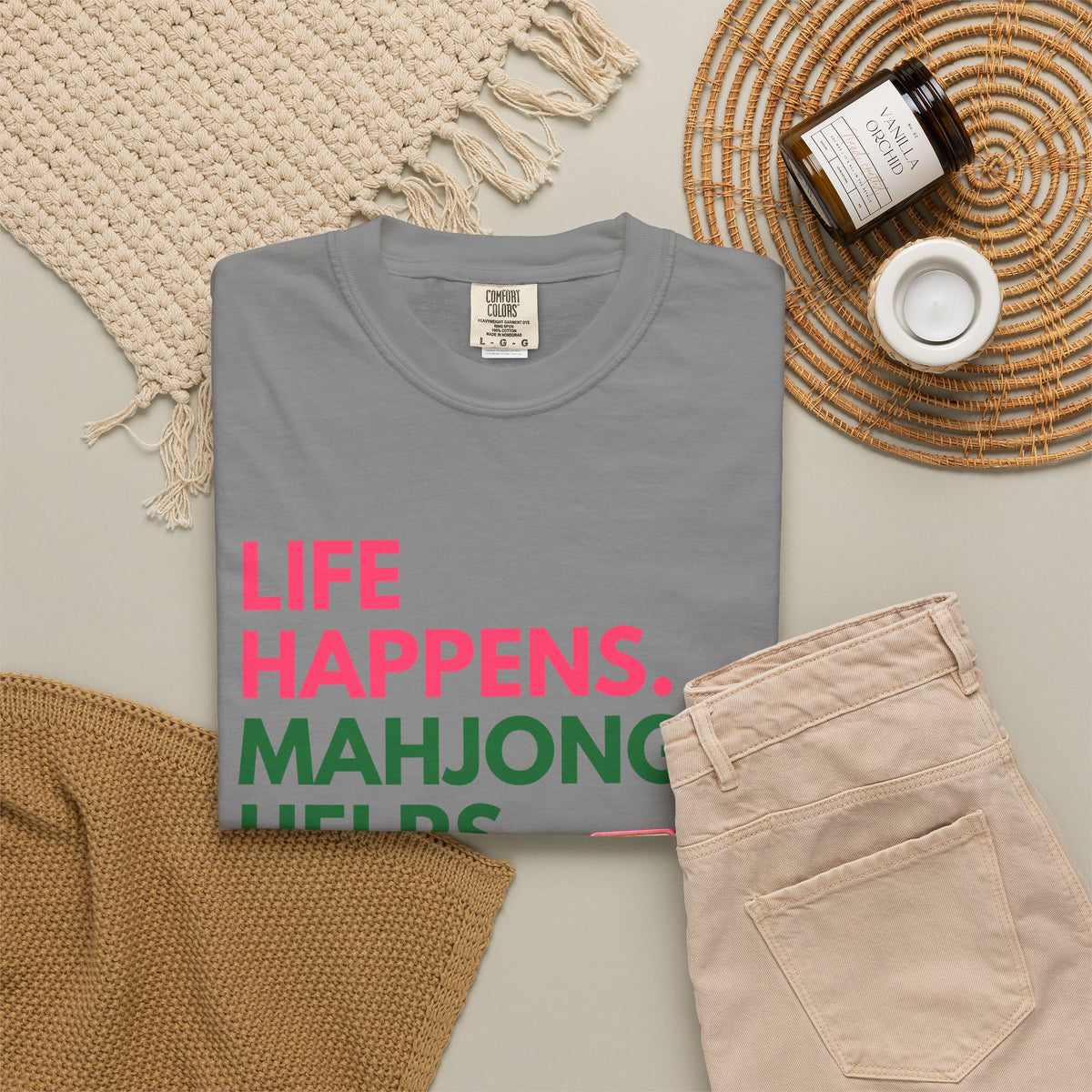 Life Happens, Mahjong Helps T-Shirt — Pink & Green Mahjong Tee