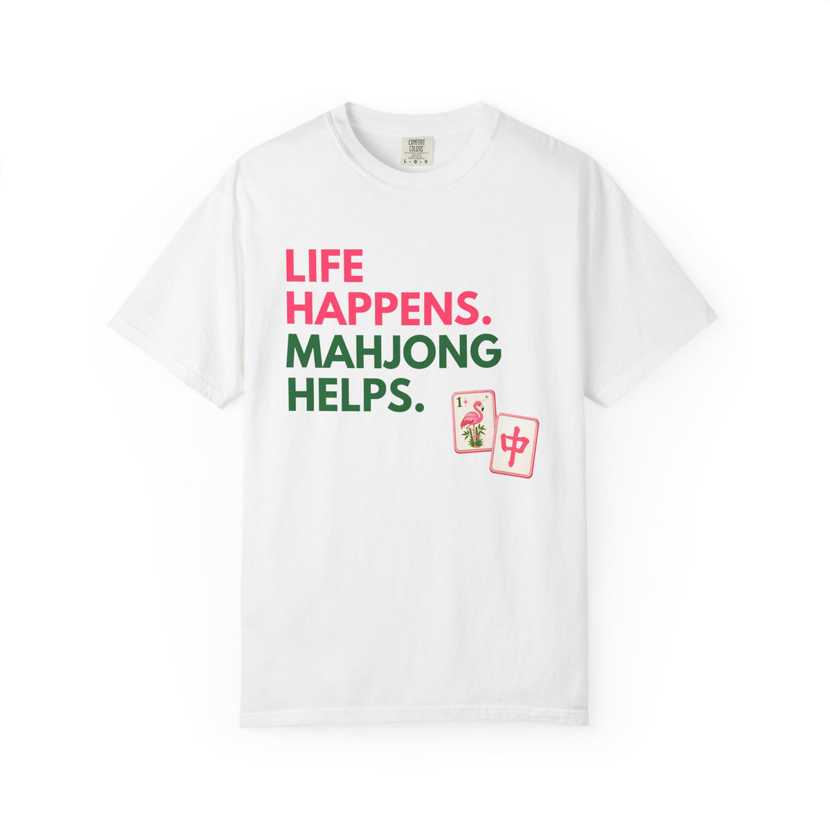 Life Happens, Mahjong Helps T-Shirt — Pink & Green Mahjong Tee