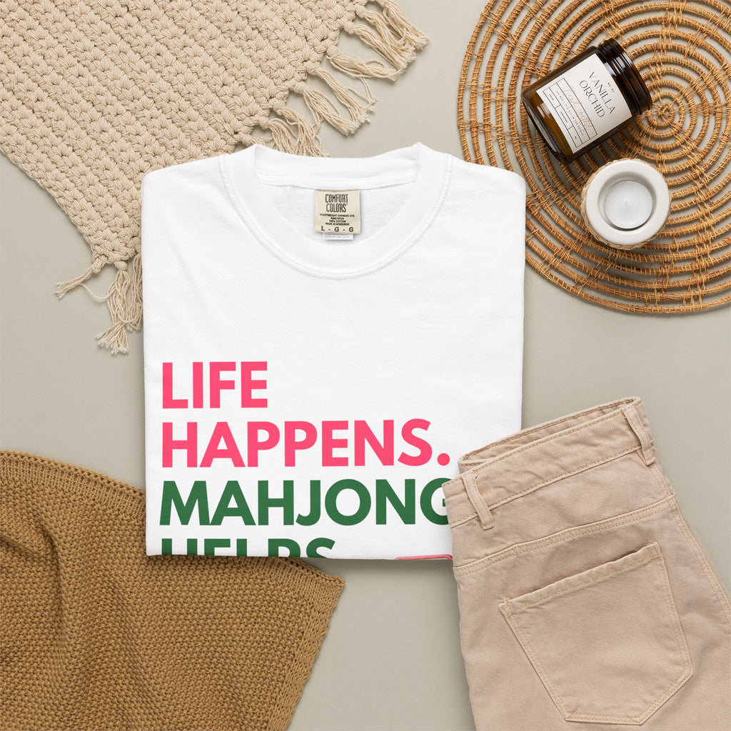 Life Happens, Mahjong Helps T-Shirt — Pink & Green Mahjong Tee