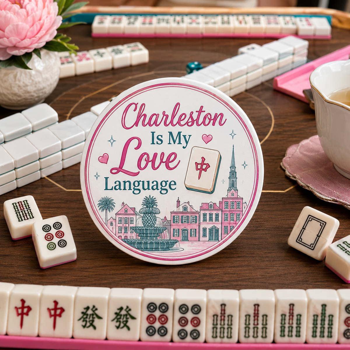 Ceramic mahjong coaster with a Charleston Is My Love Language design, shown on a game table with mahjong tiles and a teacup