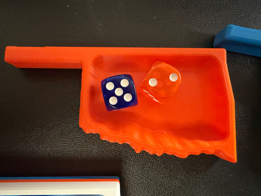 Oklahoma Dice Tray with Dice | Mahjong & Game Night Accessory | Blue, Orange or Layered Design