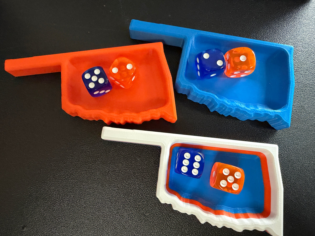 Oklahoma Dice Tray with Dice | Mahjong & Game Night Accessory | Blue, Orange or Layered Design