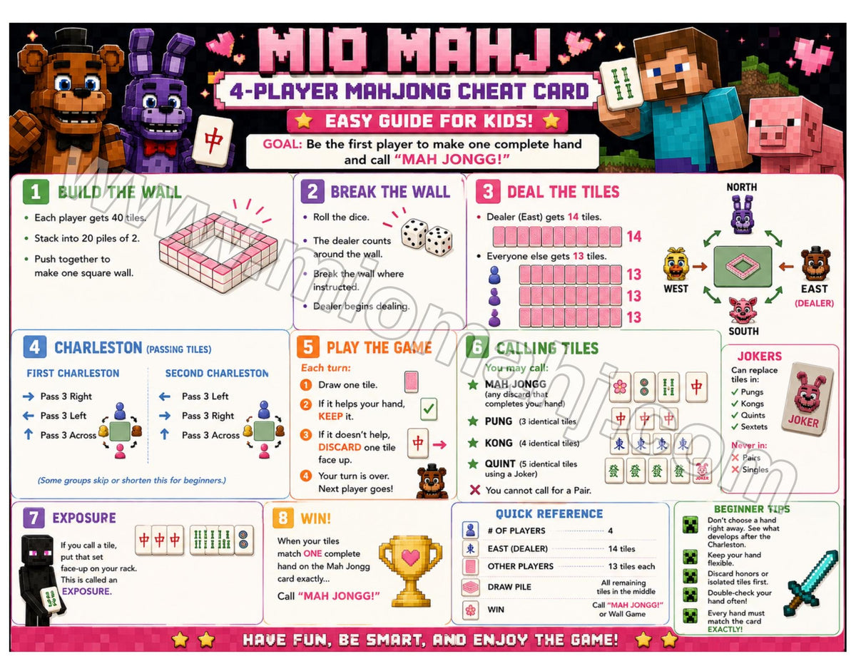 4-player kids mahjong beginner guide reference sheet
