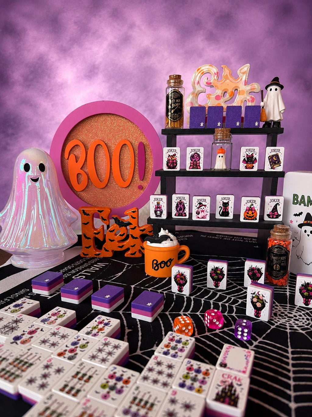 Layered white, hot pink and purple Halloween mahjong tile construction