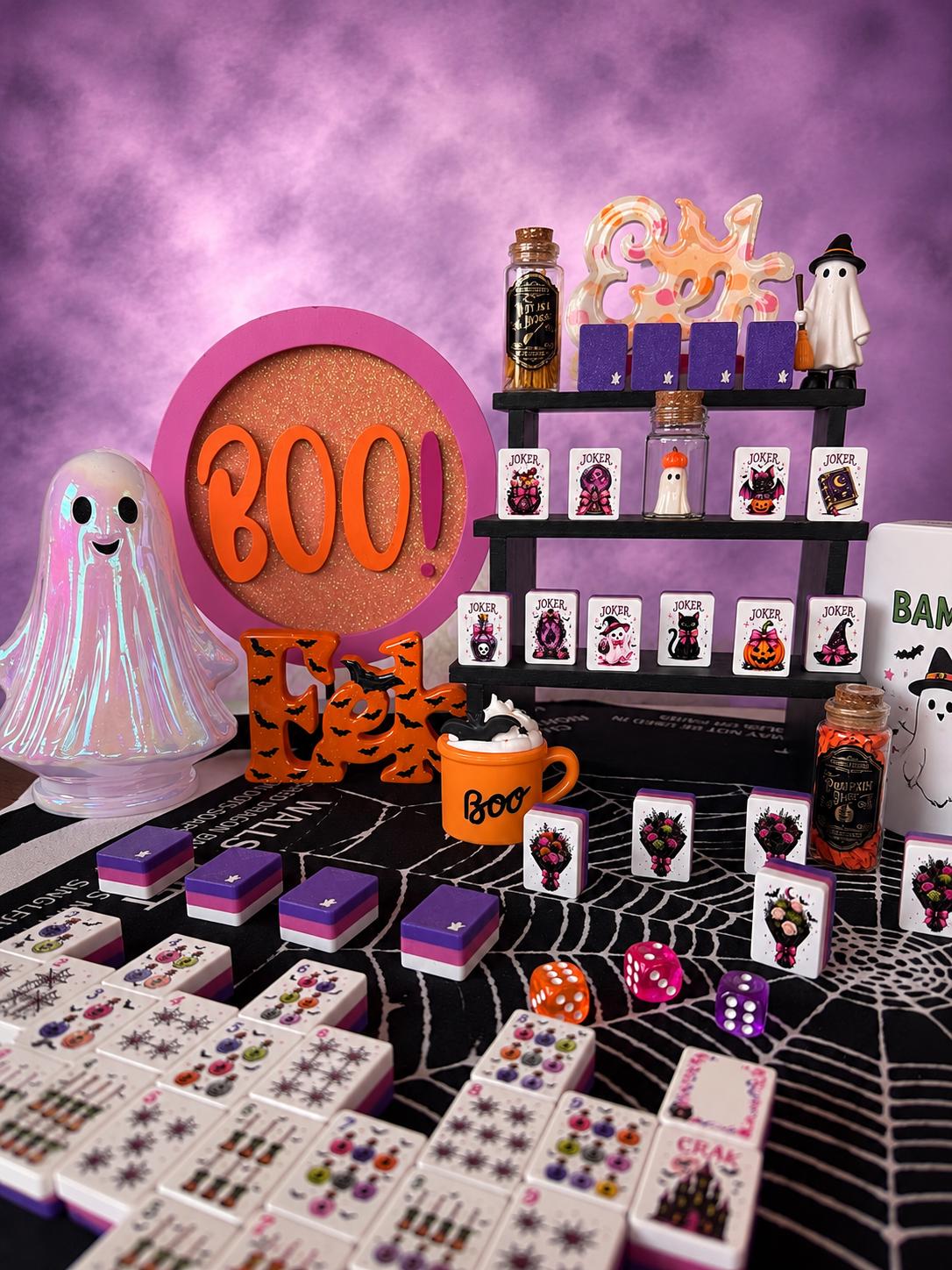 Layered white, hot pink and purple Halloween mahjong tile construction